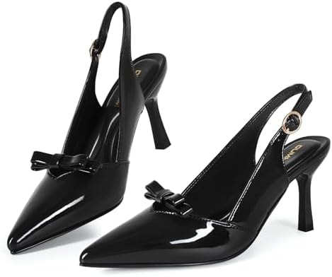 Dumalum Slingback Kitten Heels for Women Closed Pointed Toe Wedding Party Dress Comfortable Pumps Shoes 3 inch Black PU 7.5