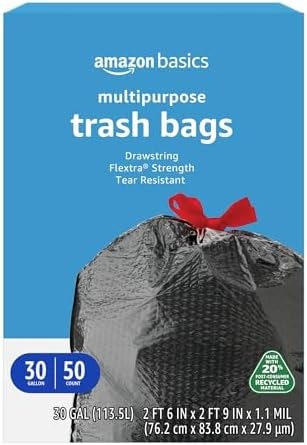 Amazon Basics 30 Gallon Flextra Strength Multipurpose Drawstring Trash Bags, 20% Post Consumer Recycled Material, Tear Resistant, Black, 50 Count
