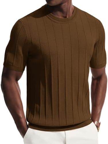 PJ PAUL JONES Shirts for Men Casual Short Sleeve Shirts Crewneck Knit T Shirt Slim Fit Soft Tee Shirts for Beach Wedding Party Brown XL