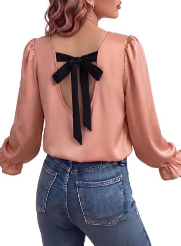 Pink Queen Womens Fall Tops Long Sleeve Silk Shirts Office Work Pink L
