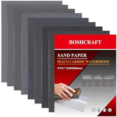 BOSHCRAFT 25 PCS Wet Sandpaper Assortment, 9" x 11" Sand Paper Sanding Paper for Wood Auto Metal – 400/600/800/1000/1200/1500/2000/2500/5000 Grit