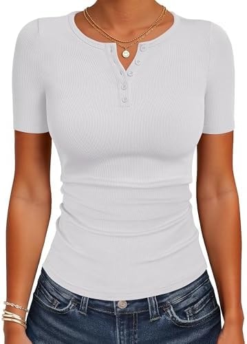 ANRABESS Womens Tops Short Sleeve Henley Shirts 2026 Summer Ribbed Slim Fit Basic Casual Tee Blouse Trendy Spring Clothing White Medium