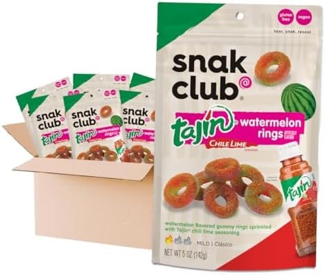 Snak Club Tajin Watermelon Rings Gummy Candy, Fruit Candy Gummies with Chili and Lime Seasoning, Mild, Gluten-Free and Vegan Snacks, 5 oz Resealable Bags, 6 Pack