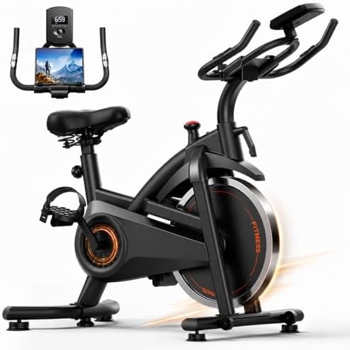 CURSOR FITNESS Exercise Bike, Brake Pad Stationary Bike for Home with Exclusive App, Stationary Bikes for Home with 300 lb Weight, Indoor Cycling Spin Bike Workout Bike with Extra Comfort Seat-Friction-Black