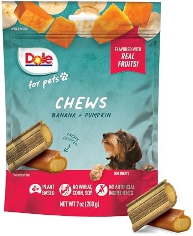 Dole for Pets Freshly Fetched Dog Chews with Banana and Pumpkin Flavor, No Wheat Corn Soy Artificial Flavors Colors or Preservatives, Chewy Center Firm Texture, 7.5 Oz