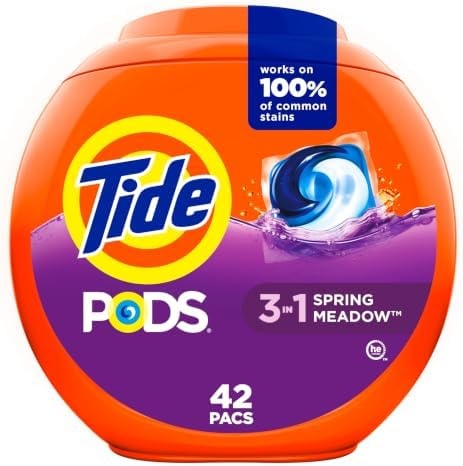 Tide, Pods laundry detergent pacs, 3-in-1 Stain Remover, Odor Fighter, Color Protector, HE compatible, Spring Meadow Scent, 42 Count