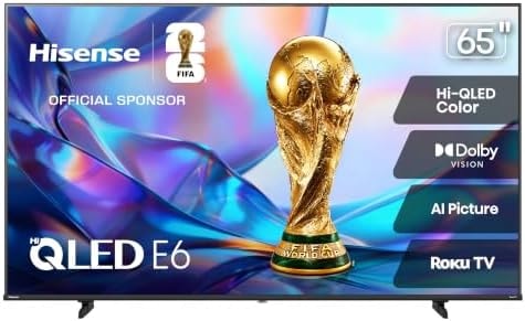 Hisense 65" Class E6SR Series Hi-QLED 4K UHD Smart Roku TV (65E6SR, 2026 Model) - Dolby Vision, Game Mode Plus, VRR, ALLM, DTS Virtual:X, Apple AirPlay, Compatible with Alexa and Google Assistant