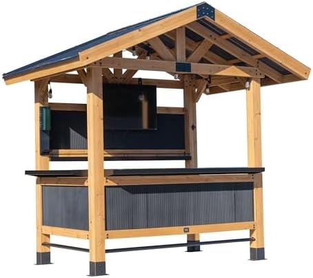 Backyard Discovery Palisade 9' x 6' Cedar Wood Outdoor Bar Set with Galvanized Steel Roof, Bar Top, Shelving, Snow Load Support, Wind Resistance, PowerPort for Patio, Deck, Entertaining
