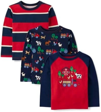 The Children's Place,Baby Boys,and Toddler Long Sleeve Everday Casual Knit Shirt,Apple 3-Pack,3 Years