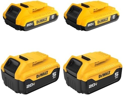 DEWALT 20V Max Battery, 4 Pack, Includes 2 x 5.0Ah Extended Runtime Batteries and 2 x 2.0Ah Compact Batteries (DCB235-4)
