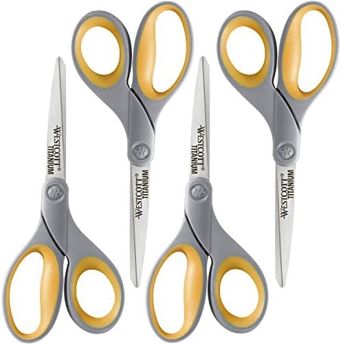 Westcott 8-Inch Titanium Bonded Scissors for Home, Office, and Classroom - Perfect for Cutting Paper, Sewing, and Crafts - Heavy-Duty Design with Soft Handle - Gray/Yellow - 4-Pack