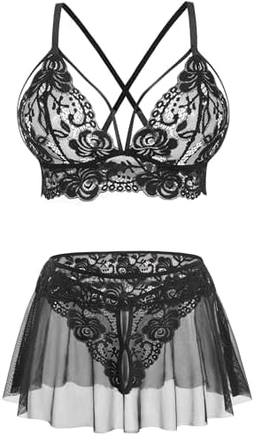 ADOME Women Sexy Lingerie Sheer Lace Bralette with Mini Skirt and G-String