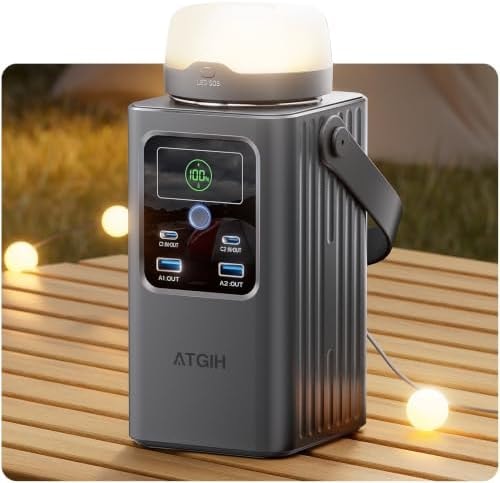ATGIH Camping Portable Power Station 198.4 Wh (62000mAh), [Top Safety] Fast Charging Power Bank with LiFePO4 Battery, Small Generator with Detachable Light for Travel Home Backup Outdoor Emergency