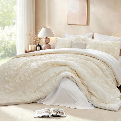 BEDELITE Queen Comforter Set, Seersucker Bedding Set 3 Pieces, Cream