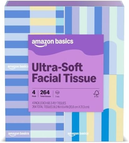 Amazon Basics Ultra-Soft 3-Ply Premium Facial Tissues, 264 Count (4 Cube Boxes of 66) (Previously Presto!)