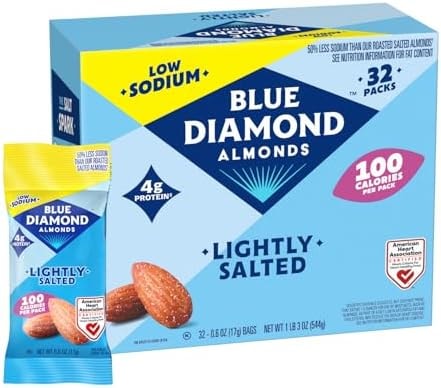 Blue Diamond Almonds Low Sodium Lightly Salted Snack Nuts, 100 Calorie Packs, 0.6 Ounce (Pack of 32)