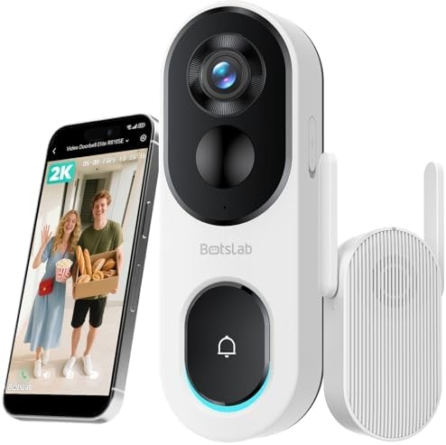 BOTSLAB 2K Doorbell Camera Wireless with Head-to-Toe View, No Monthly Fee, Video Doorbell with 2-Way Audio, Human Detection, Package Recognition, 150 Day Battery Life, Easy Installation, 2.4Ghz WiFi