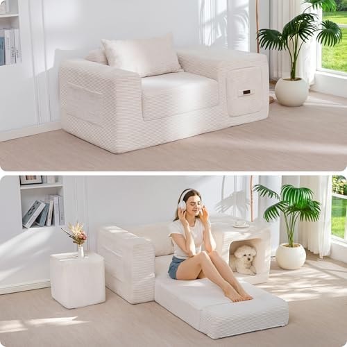 MAXYOYO Folding Sofa Couch, Convertible Floor Sofa with Armrest, Multifunctional Sofa with Pillow and Pockets, Boneless Couch for Living Room, Beige