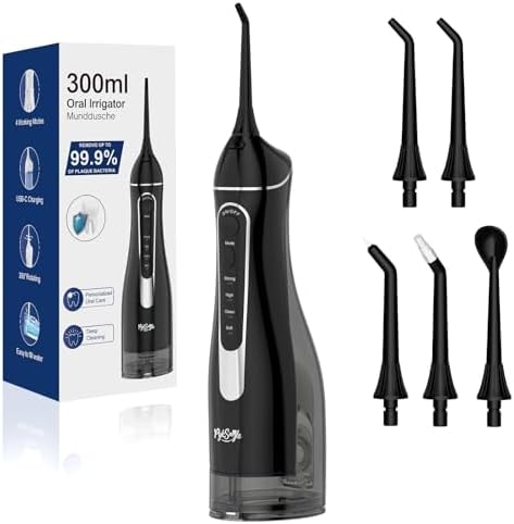 Water Flosser Teeth Pick, Cordless Dental Pick for Travel with 4 Modes & 5 Jet Tips, IPX7 Waterproof Portable & 300ML Larger Tank Rechargeable Oral Irrigator B