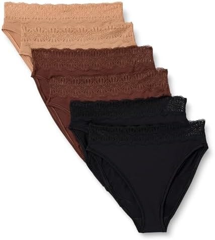 Amazon Essentials Women's Peached Microfiber with Lace Trim High Waisted High Leg Panty, Pack of 6, Black / Washed Bronze / Rich Hazel, Medium