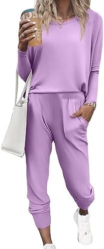 Ekouaer Women's Pajama Sets Long Sleeve Soft Jogger Sets Purple Large