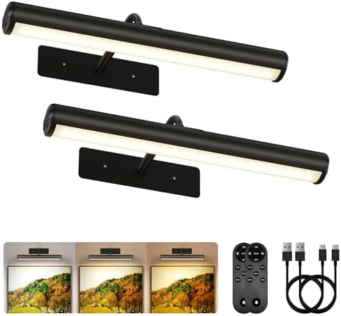 EZVALO 13Inch Wireless Picture Lights, 4000mAh Rechargeable Battery Art Lights with Remote, Dimmable 3 Color Temps LED Painting Lights for Living Room, Bedroom, Hallway (Black, 2Pack)