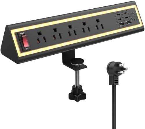 NYYTGE Desk Clamp Power Strip with Nightlight, 40W Fast Charging, 6FT Extension Cord, 4x20W USB-C & 2 USB Ports, 5 AC Outlets, Fits 1.69-Inch Table Edges