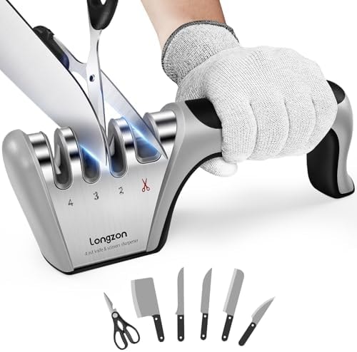 Longzon 5-in-1 Knife Sharpener 4 Stage with Cut-Resistant Glove, Quickly Sharpens & Restores Dull Blades, Easy & Safe for Home Kitchen Use, Fits Most Knives and Scissors, Black+Silver