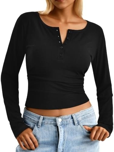 CADITEX Women's Long Sleeve Henley Shirts Fall Tops Black XL