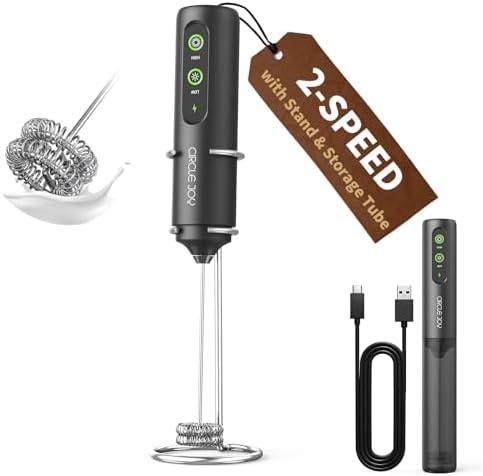 CIRCLE JOY Rechargeable 2-Speed Handheld Milk Frother with Stand, Dual Spring Whisk Electric Foamer, Portable & Detachable Coffee Frother Wand, Drink Mixer for Lattes, Macchiato, Hot Chocolate, Black