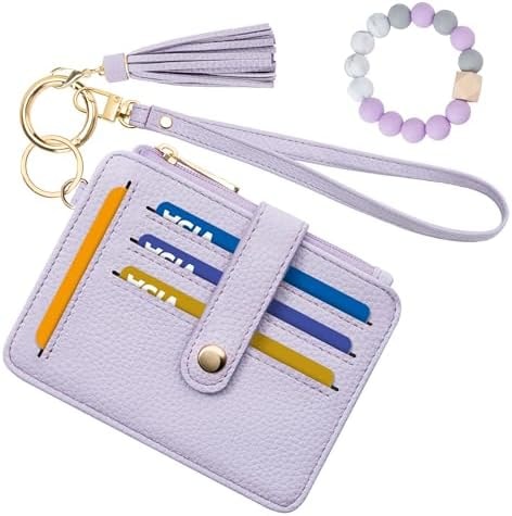 Airkit Wristlet Wallets for Women, Keychain RFID Blocking Credit Card Holder, Small Girly Wallet with Bracelet, Silicone Beaded Tassel Key Ring Card Holder, Purple