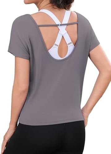 Totatuit Womens Open Back Workout Tops Cap Short Sleeve Cotton Cropped Tee Loose Yoga Athletic Shirts Gym Crop T-Shirts Grey