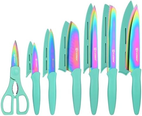 KATISUN Kitchen Knife Set, Rainbow Titanium and 6 Blade Guards, 13-Piece