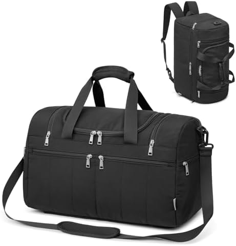 G4Free 45L Travel Duffle Bag for Women Men 3 in 1 Duffel Bags with Shoes Compartment Gym Backpack for Weekender Overnight, Black