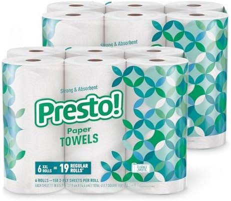 Amazon Brand - Presto! Ultra-Strong Premium Paper Towels, 158 Sheet Huge Roll - Flex-a-Size, 12 Rolls (2 Packs of 6), Equivalent to 38 Regular Rolls, White