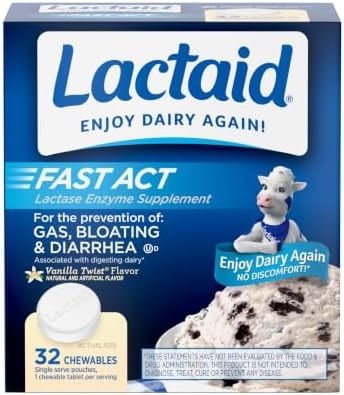 Lactaid Fast Act Lactose Intolerance Relief Chewables with Natural Lactase Enzyme to Prevent Gas, Bloating & Diarrhea Due to Lactose Sensitivity, On-the-Go, Vanilla Twist Flavor, 32 x 1 ct