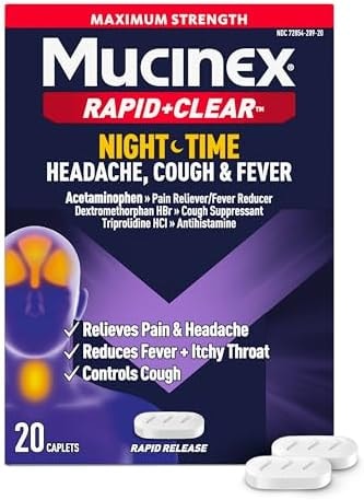 Mucinex Rapid+Clear Nighttime Cold and Flu Medicine for Adults, Maximum Strength Cold Medicine for Cough, Fever, Pain, Headache, & Runny Nose Relief, Rapid Release Caplets for Adults, 20 Count