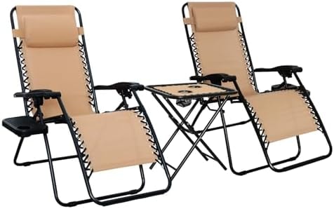 Amazon Basics Outdoor Textilene Adjustable Zero Gravity Folding Reclining Lounge Chair Set with Cup Holder, Side Table, Headrest, Weather-Resistant, 35 x 26 x 43 inches, Beige, 2-Pack