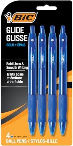 BIC Glide Bold Blue Ballpoint Pens, Bold Point (1.6mm), 4-Count Pack, Retractable Ballpoint Pens With Comfortable Full Grip