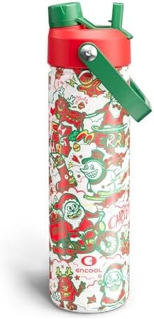 ENCOOL Christmas Insulated Water Bottle with Straw, Stainless Steel Water Bottle, Leak Proof BPA-Free, Keeps Cold for 24 Hours for Sports, Christmas Holiday Gifts for Women, 26 oz, Santa Rider