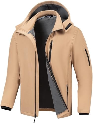 Pursky All Weather Jacket For Men Company Service Work Athletic Mens Jackets Fall Men's Fleece Zip-Pockets Warm Winter Military Tactical Windbreaker Khaki M