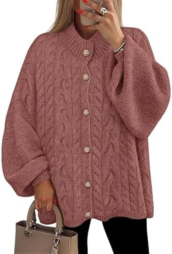 ZESICA Women's Oversized Chunky Knit Cardigan Sweaters Fashion Dustypink S