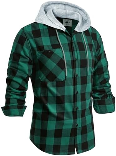 Men's Flannel Shirt Plaid Hoodie Stylish Long Sleeve Fall Casual Button Down Western Shirts with Flat Pocket
