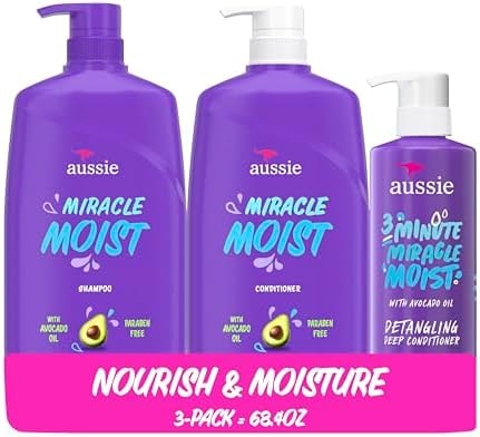 Aussie Miracle Moist Shampoo and Conditioner with 3 Minute Miracle Deep Conditioner, Avocado & Jojoba Oil, Paraben-Free, Moisturizes & Detangles, All Hair Types, Citrus Floral Scent, 3 Pack 68.4 Fl Oz