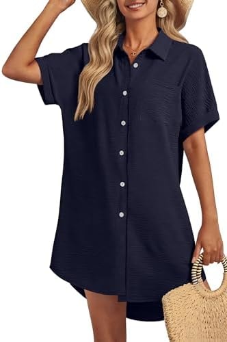 GKBK Women Swimsuit Coverup Shirt Dress Button Down Bathing Suit Cover Up Beachwear Navy Blue M