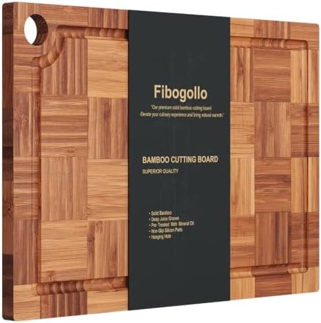 Fibogollo Bamboo Cutting Board Juice Groove End Grain Butcher Block