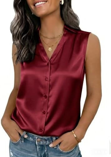 Funlingo Womens Satin Blouse Silky Dressy Satin Camisole Tops Sleeveless Button Down Basic Shirts V Neck Professional Dressy Casual Clothes Wine Red L