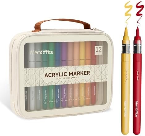 MemOffice Acrylic Paint Markers, 12 Colors, Brush Tip Paint Pens Set