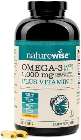 NatureWise Extra-Strength Omega 3 Fish Oil Supplement - 1000mg per Serving - 600 EPA & 400 DHA and Vitamin E - Sustainably Sourced Fish Oil - Lemon Flavor - 360 Softgels[6-Month Supply]