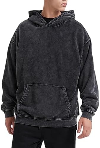 Bobeutou Oversized Hoodie Men Vintage Cotton Casual Hooded Sweatshirt Trendy Baggy Basic Hoodies Retro Pullover Streetwear (Black,XL,X-Large)